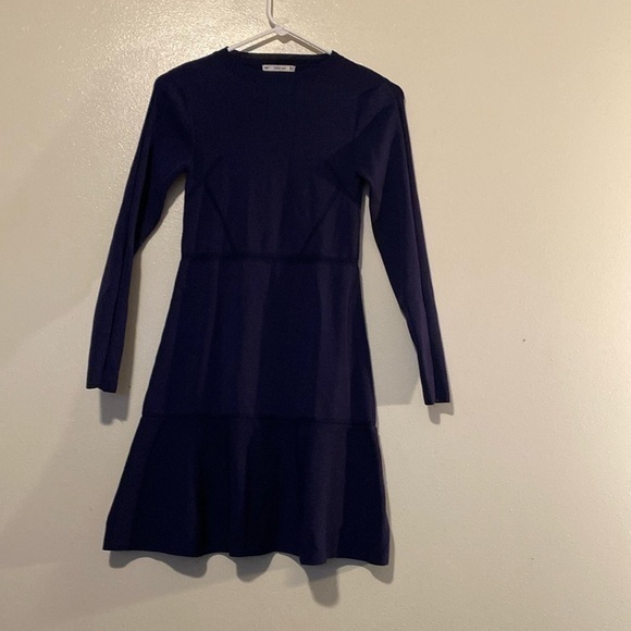Zara Knit Navy Pong Sleeve Viscose Blend Ribbed Textured Stretch Dress Size M